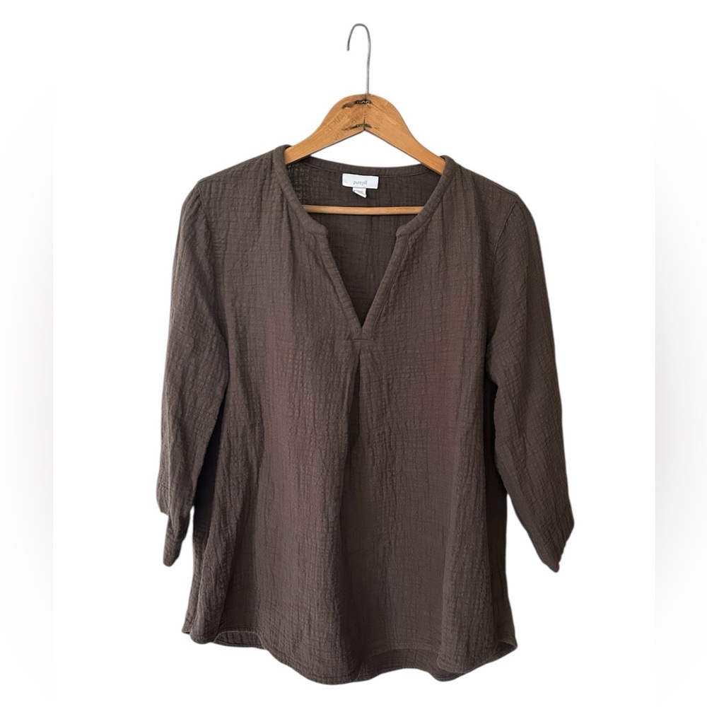 J. Jill | Women’s Brown Gauze Textured 3/4 Sleeve Vneck Round Hem Tunic Top, MP - Picture 13 of 14